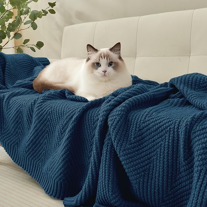 Knitted Throw Blanket 60"X80", Navy Blue Knit Throws for Bed, Super Soft Boho Chevron Blankets for Couch Sofa Chair Room Decor, Textured Decorative Farmhouse Cozy Lightweight
