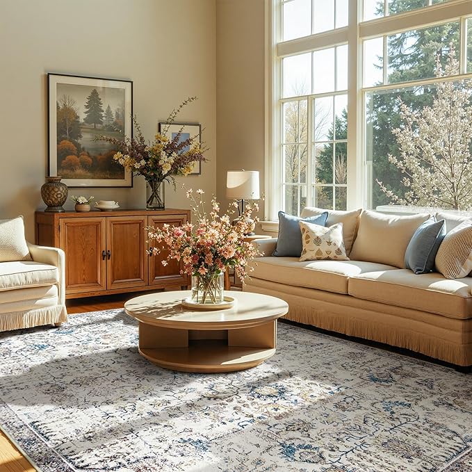 jinchan Kalen Area Rug 9x12 Washable Living Room Rug Vintage Indoor Large Floor Cover Retro Distressed Floral Country Boho Lightweight Non Slip Thin Carpet for Kitchen Bedroom Dining Room Office Blue