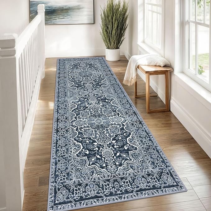 KUTA Washable Kitchen Runner 3x8, Non Skid Washable 8 ft Navy Blue Runners, Printed Vintage Distressed Floral Area Rugs Ultra Soft Carpet for Bedroom Living Room