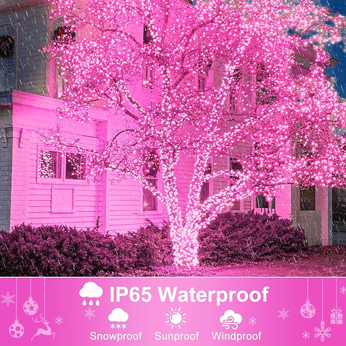Pink Christmas Lights Outdoor, 100FT 300 LED Christmas Tree Lights with 8 Modes Waterproof, Plug in Connectable Christmas String Lights Green Wire for Indoor Patio Garden Xmas Love Party Decorations