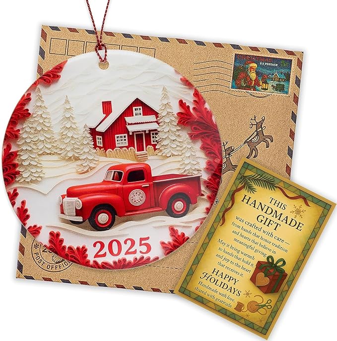 Red Truck Christmas Ornaments, Christmas Ornaments 2025, Vintage Farmhouse Holiday Decoration, Rustic Red Pickup Scene, Cozy Winter Keepsake, Classic Festive Gift for Tree Display