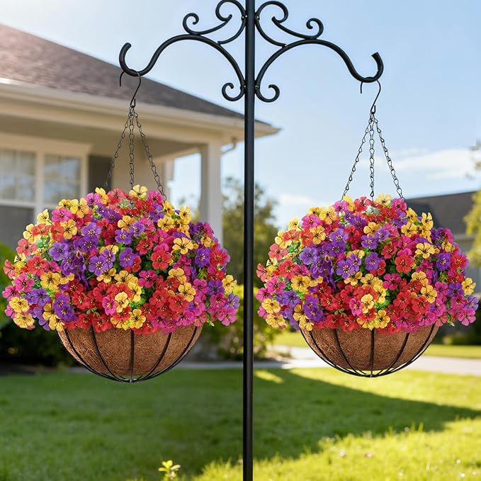 Lifewit Artificial Hanging Daisy Flowers Baskets for Outdoor Decor, 2 Sets for 24 Bundles, Plastic Fake Flowers for Indoor Garden Porch Patio Balcony, Mix for Fuchsia Purple Yellow Red