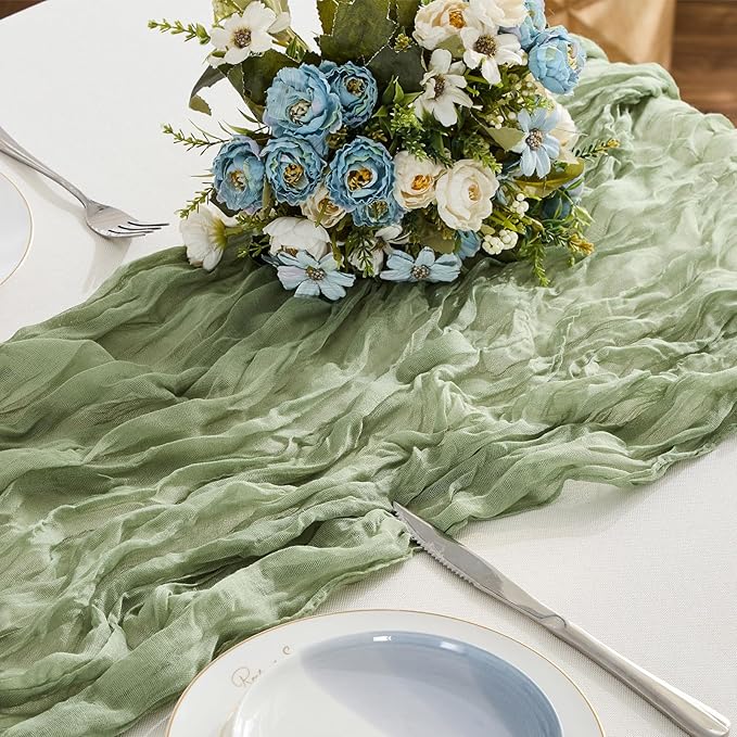 BALCONY & FALCON Sage Green Cheesecloth Table Runner 10FT 120 Inch Rustic & Boho Farmhouse Gauze Cheese Cloth Runners for Wedding Fall Thanksgiving Christmas Party Baby Shower Birthday Decor