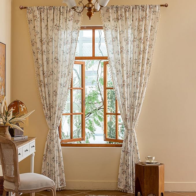 OYX Pink Boho Floral Window Curtains 96 Inch Long 2 Panels, French Vintage Farmhouse Vintage Country Rustic Tassels Printed Drapes for Living Room Bedroom, Rod Pocket Light Filtering Decor Aesthetic