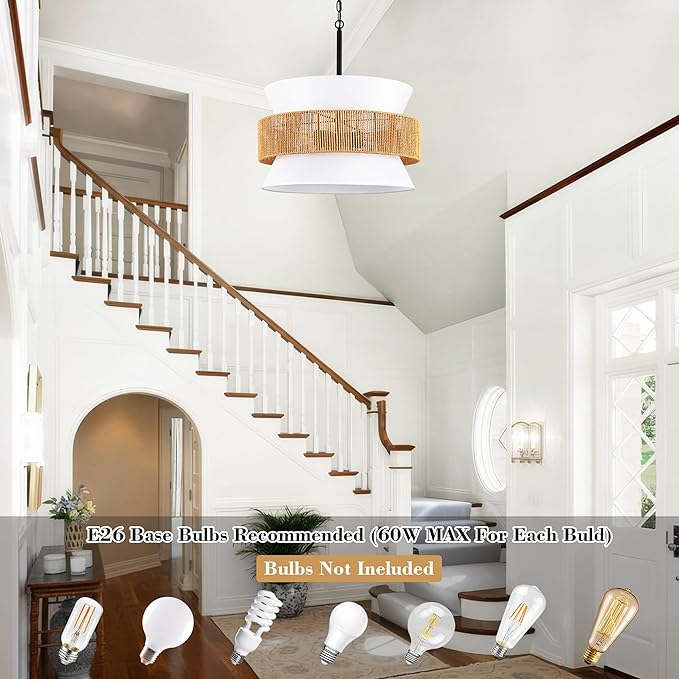 4 Lights Rattan Drum Chandelier - 20" Adjustable Boho Pendant Light with White Fabric Shade, Modern Wicker Chandeliers for Dining Room, Living Room, Kitchen, Bedroom