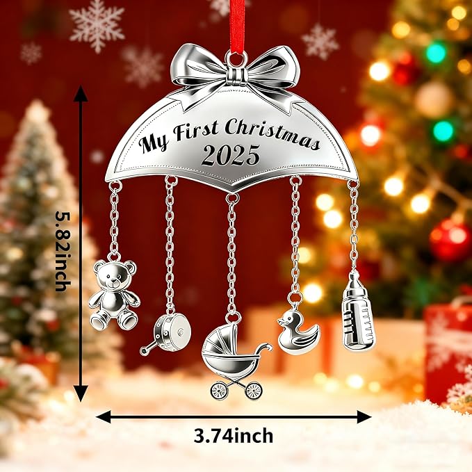 Baby's First Christmas Ornament 2025 My 1st Christmas Mobile Ornament for Girls Boys Newborn Gifts Decor New Baby Keepsake with Hanging Bear Duck Carriage Rattle Pacifier Bottle
