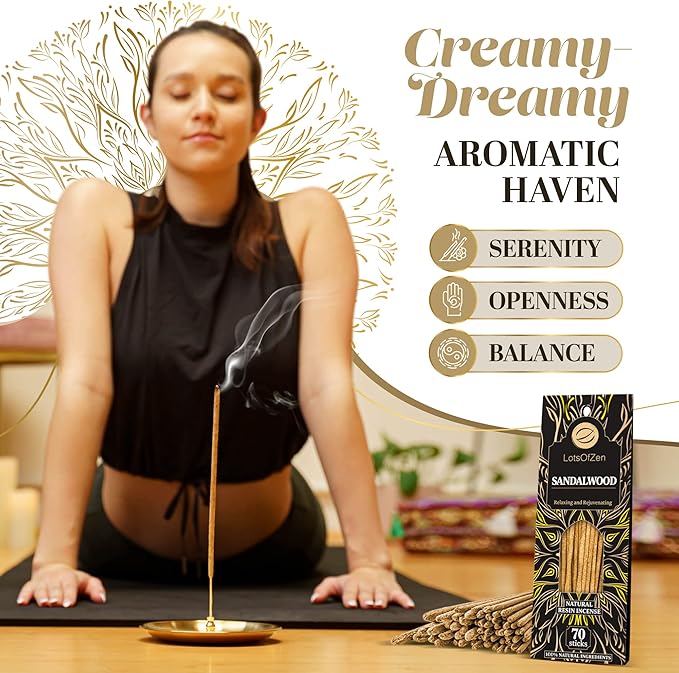 Sandalwood Incense Sticks (70 Pack) - 100% Natural 7.8" Incense for Cleansing, Meditation & Spiritual Healing - Pure Sandal Wood Resin, 1-Hour Burn Time