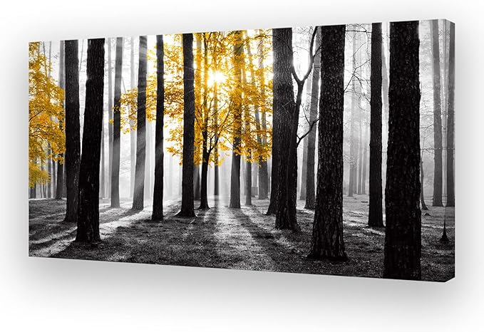 Cao Gen Decor Art S06362 Wall Art Canvas Painting Yellow Tree in Black and White Sunshine Foggy Forest Picture Poster Print Framed Ready to Hang for Living Room Bedroom Office Home Decor