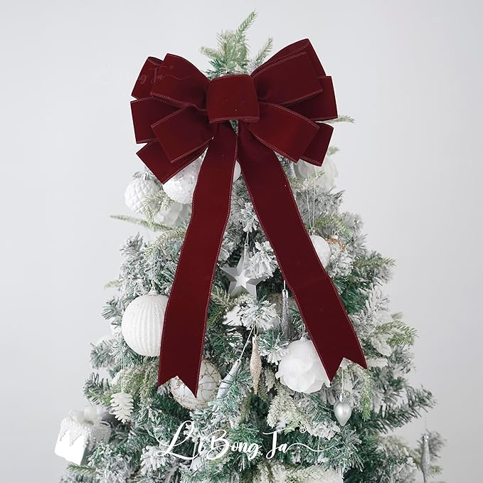 13" Dark Red Bow Pre-Tied Bow for Christmas Tree, Burgundy Velvet Ribbon Bows for Wreaths, Premade Tree Toppers Bows for Gift Wrapping, Party Favor, Christmas Home Indoor Outdoor Decor-1 PCs