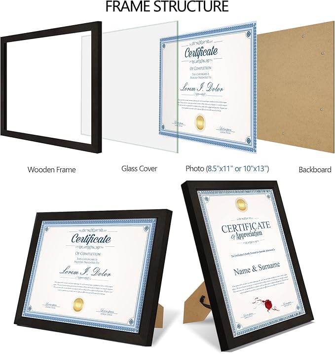8.5x11 Diploma Frame with Tempered Glass, Multi Certificate 8.5 by 11 Photo Frame Bulk for Wall or Tabletop Display(Black, 3 Pack)