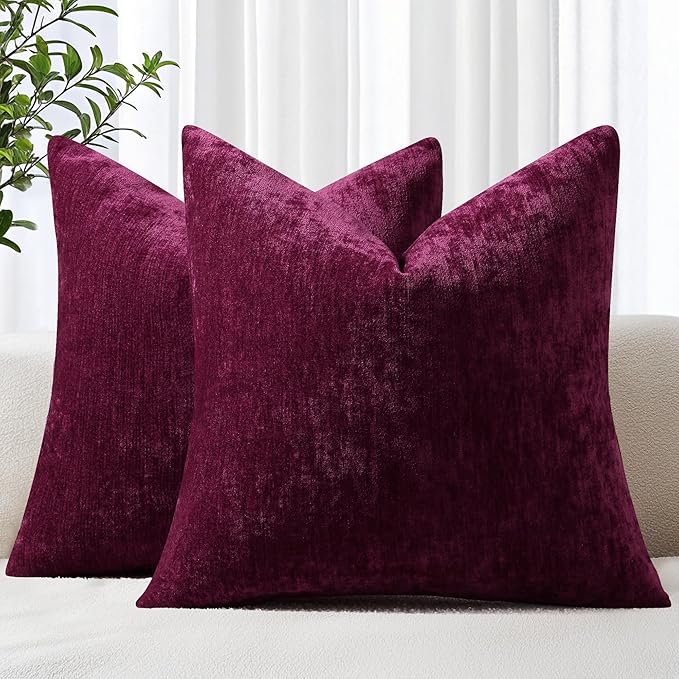 decorUhome Chenille Burgundy Christmas Throw Pillow Covers 26x26 Inch Set of 2, Decorative Soft Couch Pillow Covers Solid Dyed Accent Farmhouse Neutral Square Pillow Cases for Sofa