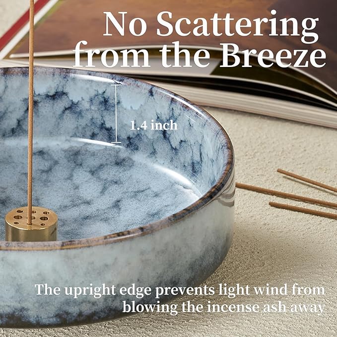 5.9" Ceramic Incense Holder with 10 Holes,5in1 Incense Tray for Sticks,Coil,Cone,Sage,Palo Santo,Handcrafted Burner Ash Catcher Smudge Bowl for Yoga Meditation Energy Cleansing Room Décor,Blue
