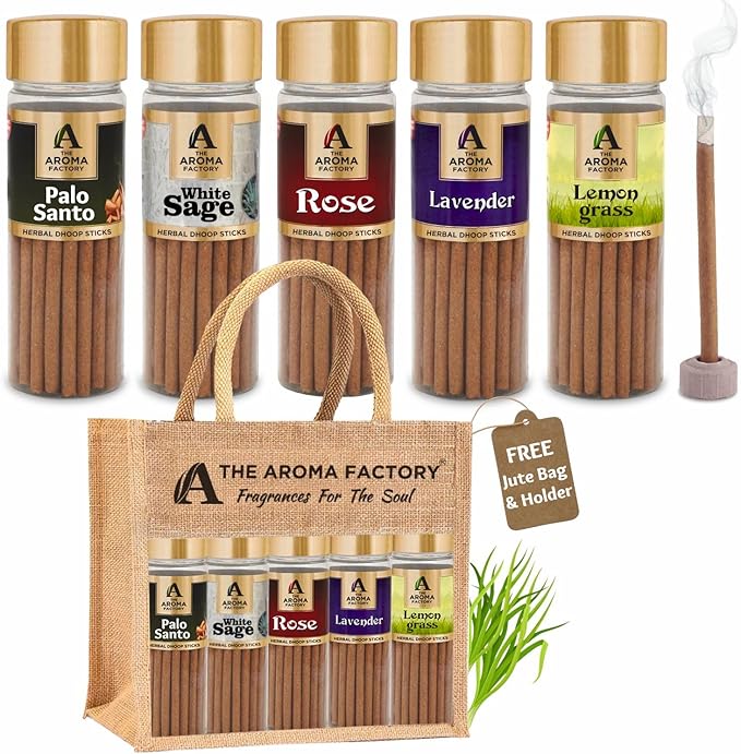 The Aroma Factory Dhoop batti .No Bamboo Herbal Dhoop Sticks with Incense Holder, 5 Bottle x 75g,with Jute Bag (Aromatherapy)