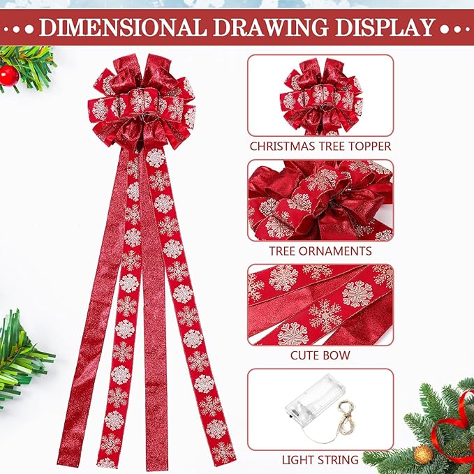 Zeyune Christmas Tree Topper 12 x 45 Inches Large Christmas Bows LED Lights Glitter Satin Mesh Streamer Snowflake Ribbon Decorative Bows for Xmas Tree Decorations Gifts(Red)
