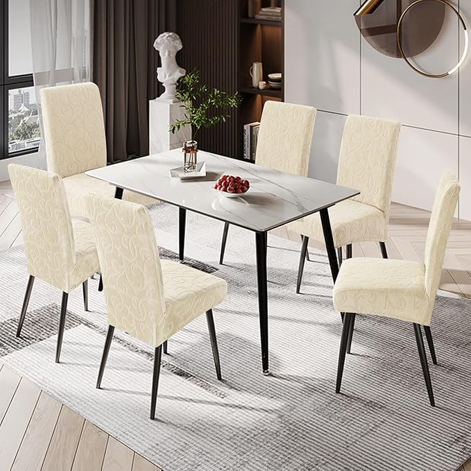 Genina Waterproof Dining Room Chair Covers Stretch Parsons Chair Slipcovers for Dining Room Kitchen Chair Protector Cover, Removable, Washable (4 Large, Flower Pattern-Beige)