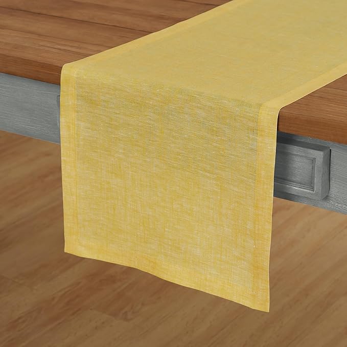 Solino Home Linen Small Table Runner 36 Inches - Athena, 100% Pure Linen Chambray Lemon Yellow Table Runner 14 x 36 Inch Ideal for Dresser and Coffee Tables, Spring, Easter