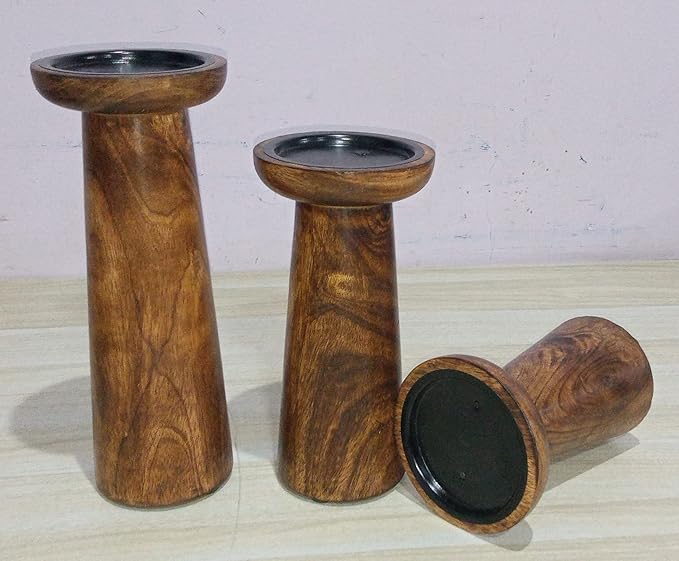 Hand Crafted Wooden Pillar Candle Holders Set of 3, Ideal for LED and Pillar Candles, Gifts for Wedding, Christmas, Party, Home, Spa, Reiki, Aromatherapy, Votive Candle Gardens - 10, 8, 6 Inch - Burnt