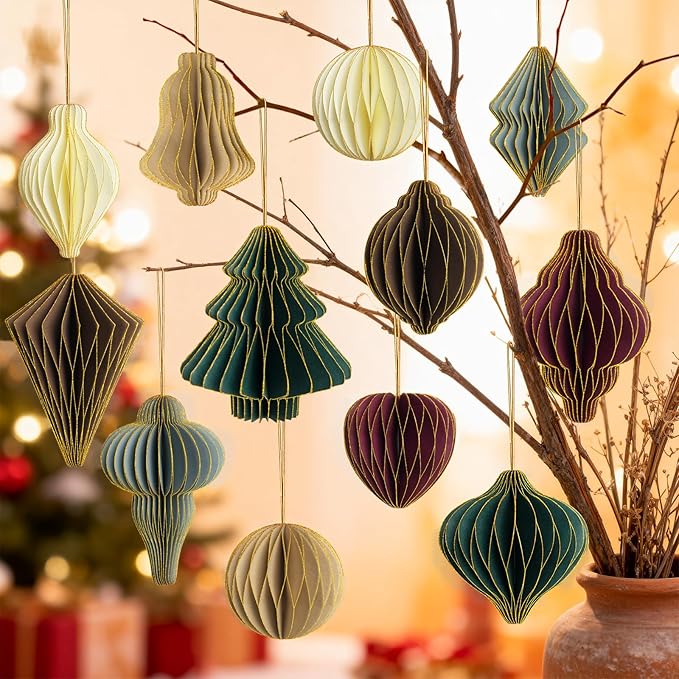 12Pcs Paper Honeycomb Christmas Tree Decorations, 3D Mini Glitter Edge Paper Honeycomb Lantern Ornaments for Vintage Neutral Christmas Party Home Decor Mixed