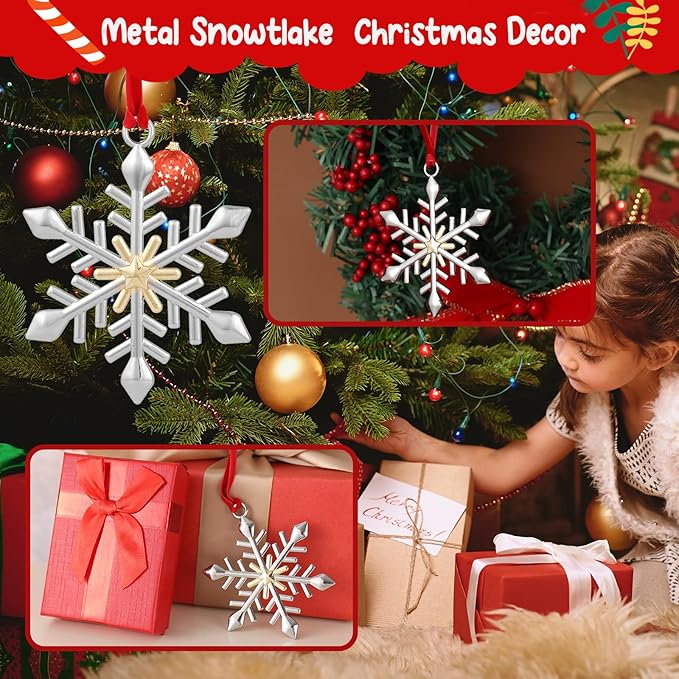 Snowflake Christmas Ornament Set - Silver & Gold Plated Metal Snowflake Ornaments for Christmas Tree - Annual Holiday Keepsake (Style B)