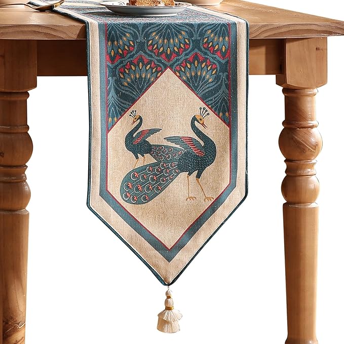 Vintage Blue Peacock Table Runner for Coffee Table,Decorative Linen 71 Inches Long Table Runners,Decor Tabletop for Kitchen,Dining,Tea Party,Home,Christmas,12"*71"