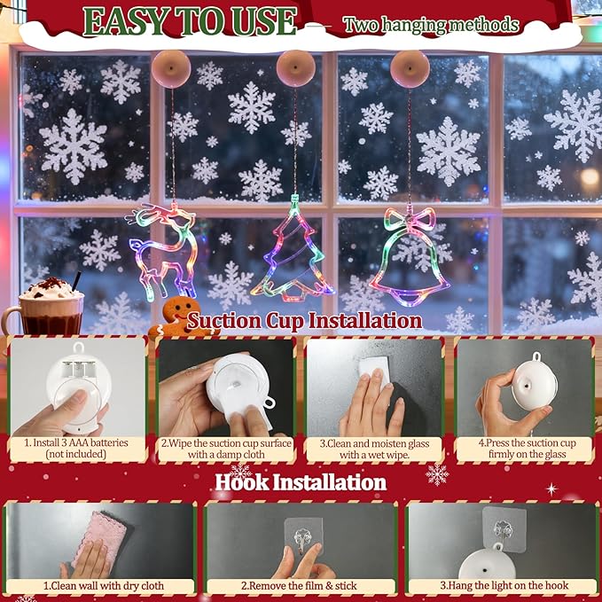 Christmas Window Lights Decorations - 3Pcs Christmas Lights Indoor w/Timer Window Decor Bell Tree Reindeer Battery Powered Hanging Multicolor Xmas Lights Suction Cups Hooks for Tree Fireplace