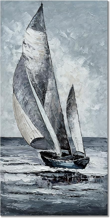 zoinart Hand Painted Large Sailboat Canvas Wall Art 24x48 Inches Abstract Modern Acrylic Oil Paintings Vertical Sailing Boat Framed Textured Wall Art Gray Artwork Contemporary Art