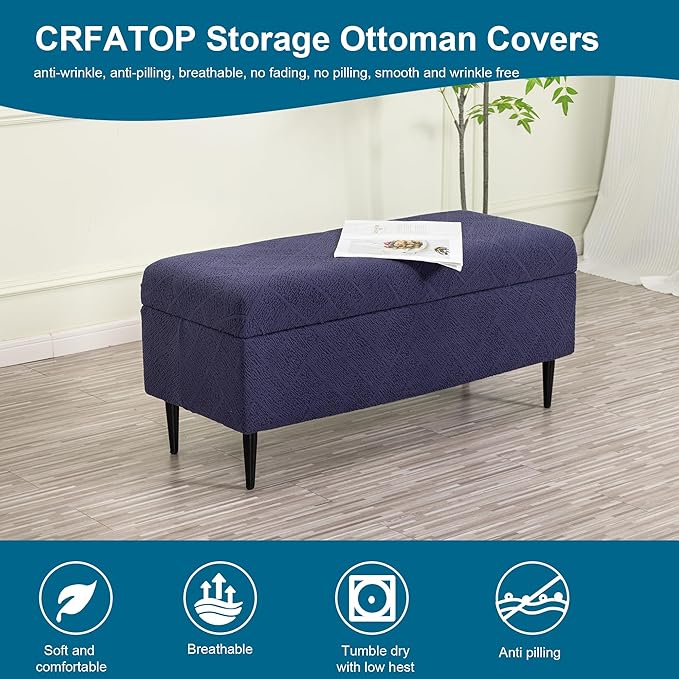 CRFATOP Jacquard Ottoman Stool Cover Stretch Folding Storage Footstool Bench Slipcovers Upholstered Foot Chest Chair Covers Washable Entryway Furniture Protector with Elastic Bands,L,Purplish Blue