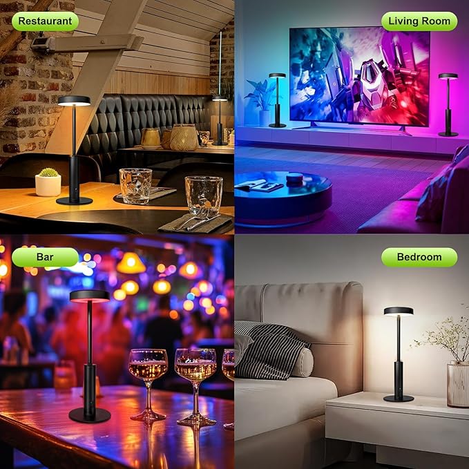 2 Pack Small Cordless Table Lamps Rechargeable,5000mAh Battery Operated Portable Desk Lamp,3 Colors & RGB Stepless Dimmable Wireless Touch Lamps for Restaurant Home Dinner Dining Patio(Black)