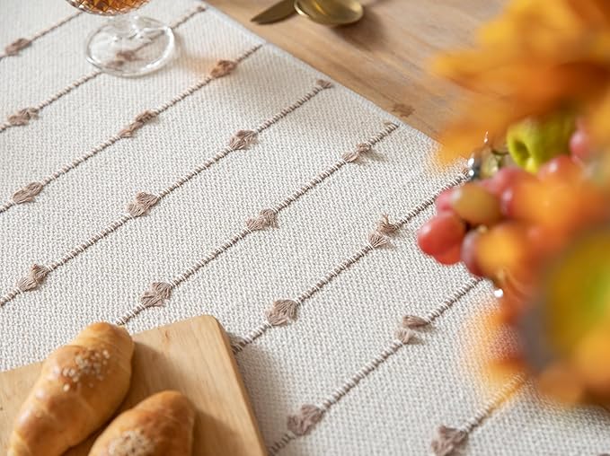 Caflife Boho Table Runner 90 Inchs Long for Modern Farmhouse Room Home Decor, Taupe and Beige Coffee Table Runner, Natural Cotton Woven with Tassels Neutral, for Kitchen Dining Table Decor