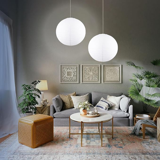 White Round Paper Lanterns-19.68" Large Hanging Paper Lantern Lamp, Chinese/Japanese Paper Lantern Pendant Light for Party Decoration, Wedding, Home Decor Ceiling Lampshade(2 PCS)