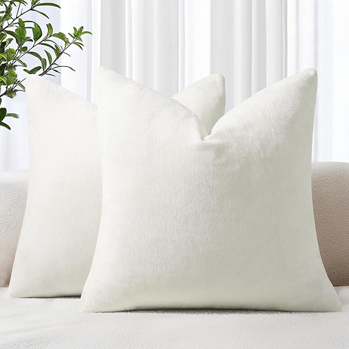 decorUhome Chenille Cream White Christmas Throw Pillow Covers 20x20 Inch Set of 2, Decorative Soft Couch Pillow Covers Solid Dyed Accent Farmhouse Neutral Square Pillow Cases for Sofa