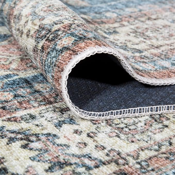 Bloom Rugs Washable Non-Slip 2x3 Rug - Coral Pink/Ocean Blue Traditional Oriental Area Rug for Living Room, Bedroom, Dining Room, and Kitchen - Exact Size: 2' x 3'