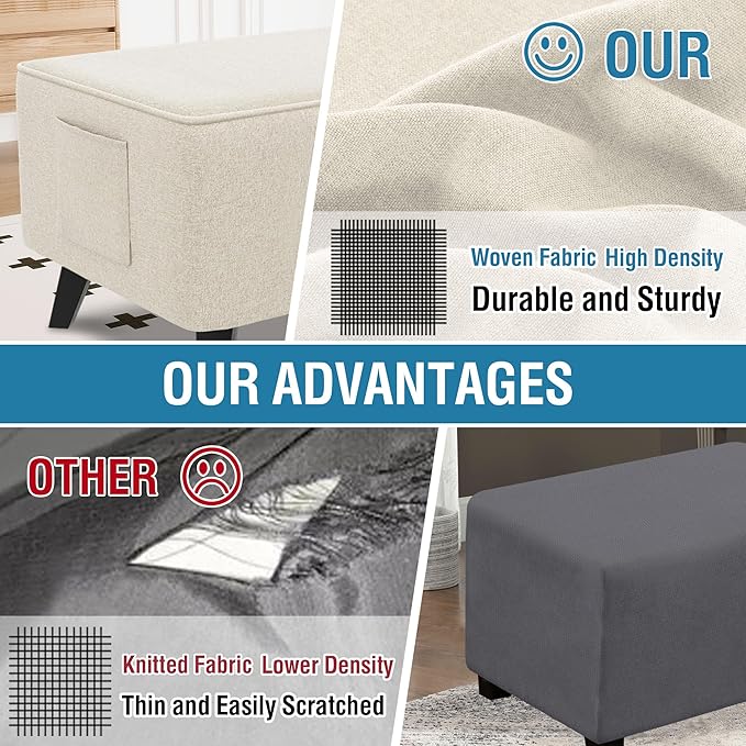 H.VERSAILTEX Thick Ottoman Cover Durable Linen Look Storage Ottoman Slipcover Footrest Stool Covers with Storage Side Pocket for Square Ottoman Fit Length 18"-19" Footrest - Heather Ivory