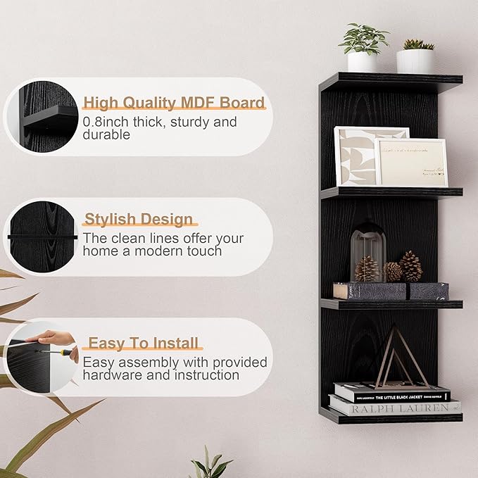 Fun Memories 4 Tier Wall Shelf Unit, Vertical Floating Shelf, Wall Mount Lack Shelving Home Decor Organizer Tall Tower Design Utility Shelving for Bedroom Living Room, Black