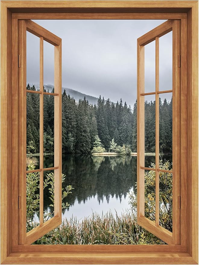SIGNWIN Removable Wall Sticker/Wall Mural Window View Green Forest Lake Reflection Nature Wilderness Photography Realism Decorative Landscape Digital Art for Living Room, Bedroom, Office - 36"x48"