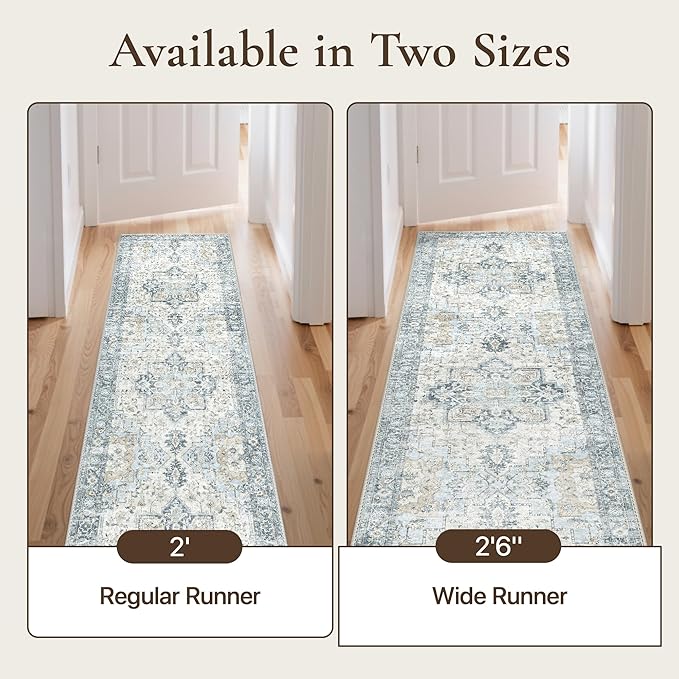 GENIMO Runner Rug 2'6''x10, Non Slip Vintage Hallway Runner Rugs, Low Pile Lightweight Machine Washable Mat for Hallway, Entryway, Bedroom, Kitchen and Corridor, Blue