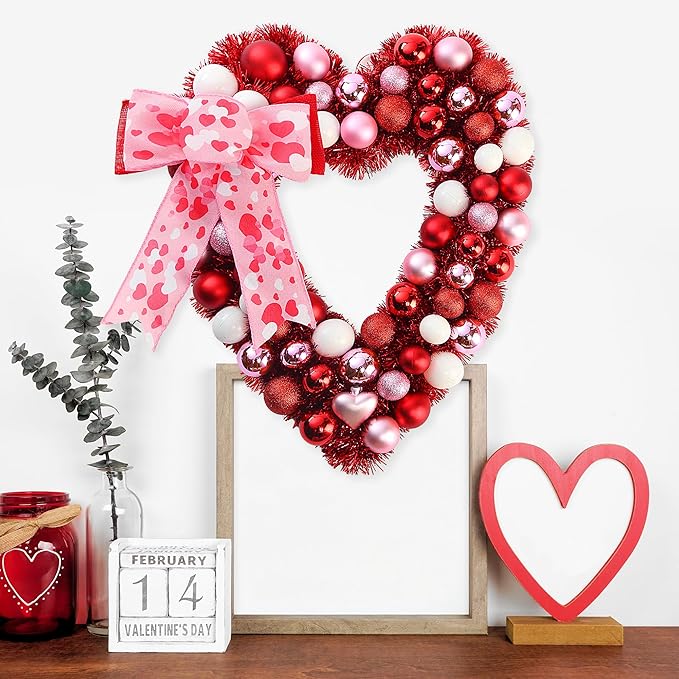 Sggvecsy 17.7’’ Heart Shaped Wreath with Bowknot Valentines Day Red Pink White Red Balls Decorations with Tinsel for Front Door Wedding Anniversary Wall Decor Gift for Girlfriend Mother’s Day