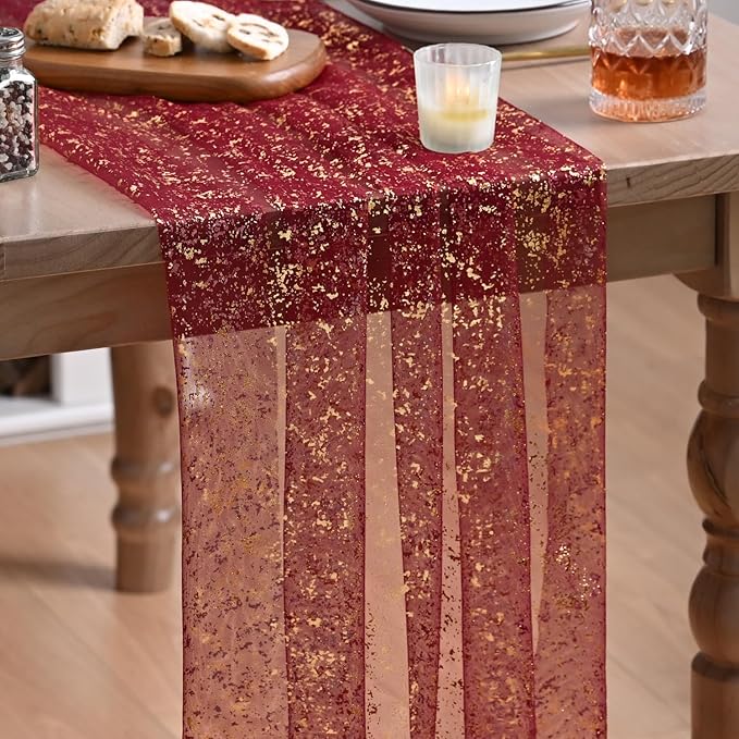 Artoid Mode Burgundy Gold Gauze Table Runner 120 Inch 10FT, Glitter Metallic Foil Sheer Dining Wedding Anniversary Holiday Birthday Table Decor for Home Party