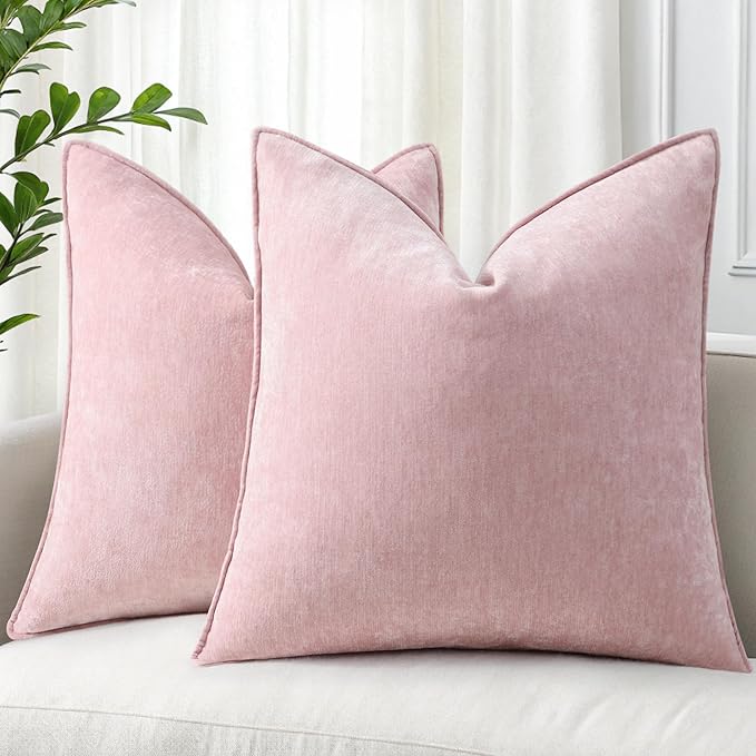 decorUhome Christmas Couch Throw Pillow Covers 22x22 Set of 2, Decorative Soft Euro Velvet Neutral Chenille Pillow Covers with Elegant Design for Sofa Bed Living Room Home Decor, Blush Pink