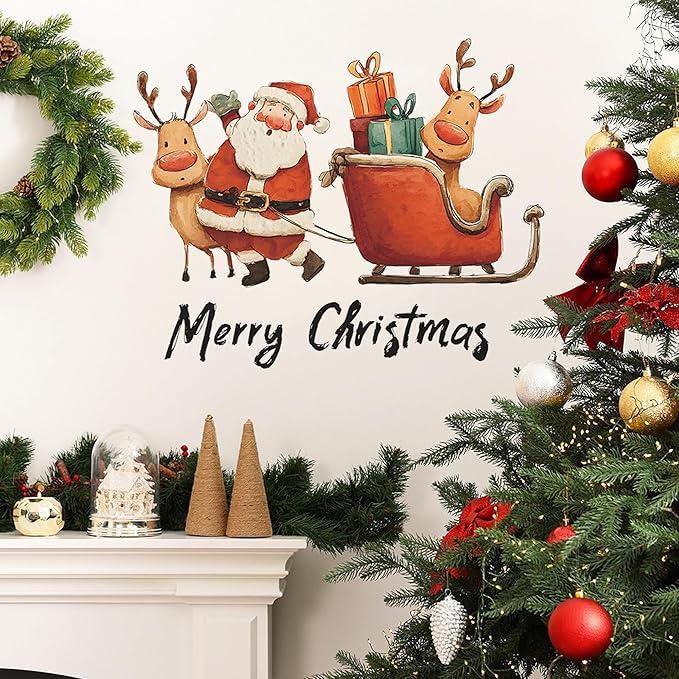 Christmas Wall Stickers Decor- Flower Wall Decals Peel and Stick Xmas Santa, Reindeer, Gifts Removable Wall Art for Home Party Office Classroom Winter Holiday (B)