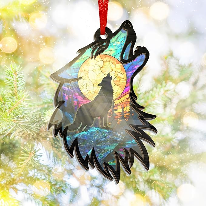 Christmas Wolf Gifts for Women Men - Suncatcher Ornaments 2025 - Wolf Ornaments for Christmas Tree, Wolves Gifts for Animal Lovers Kids Boys Girls, Animal Lover Gift Ideas for Xmas Decorations