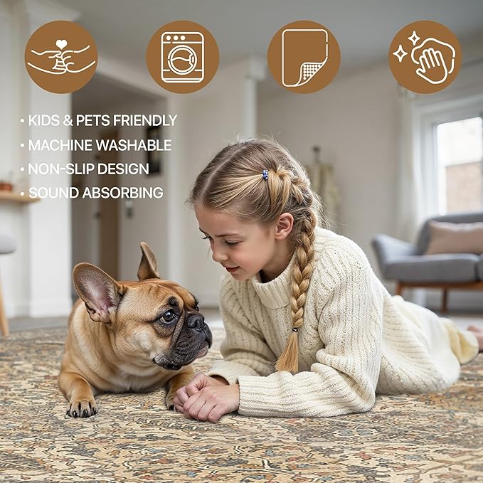 GENIMO 6x9 Area Rugs for Living Room, Machine Washable Low Pile Rugs, Chenille Non Alip Vintage Rug for Bedroom, Dining Room, Home Office, Beige Khaki