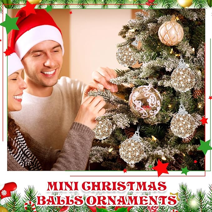 Liliful 48 Pcs 1.18 Inch Mini Christmas Ball Ornaments Christmas Tree Ornament Glitter Sequin Foam Ball Ornaments Xmas Hanging Decoration for New Year Holiday Wedding(Champagne Gold)