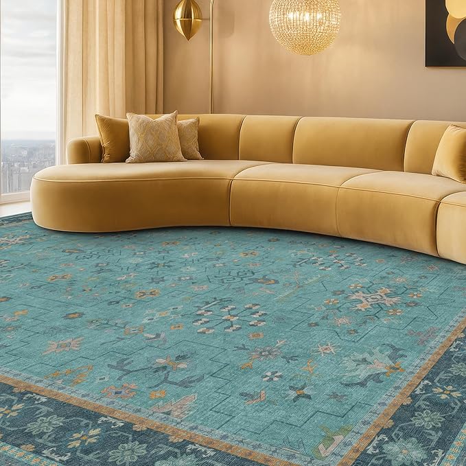 Boho 8x10 Large Teal Green Rugs for Living Room - Vibrant Turquoise Rug for Bedroom under Bed, Dining Room under Kitchen Table, Washable Soft Non Slip Unique Aqua Colorful Indoor Décor teal area rug