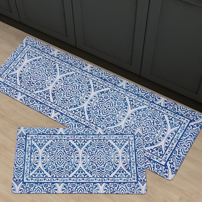 FRESHMINT 2 Piece Set Boho Kitchen Mats for Floor Bohemian Distressed Anti Fatigue Kitchen Rugs Vintage Farmhouse Cushioned Kitchen Runners for Standing Waterproof & Non-Skid Comfort, Sea Blue