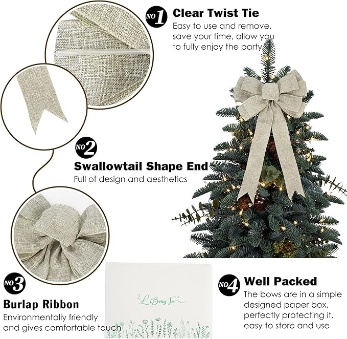 13" Burlap Wired Ribbon Bow Christmas Tree Topper Bow, Rustic Bow Party Decorations, Premade Bows with Twist Tie, Large Gift Bow for Outdoor Wreath, Wedding, Holiday, Birthday-1 PCs