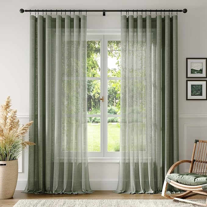 Anmao Natural Linen Curtains for Living Room 108 Inch Length 2 Panels Set, Light Filtering Semi Sheer Window Curtain Drapes for Bedroom with Curtain Rings and Clips, 52 Inch Wide Each Panel, Olive