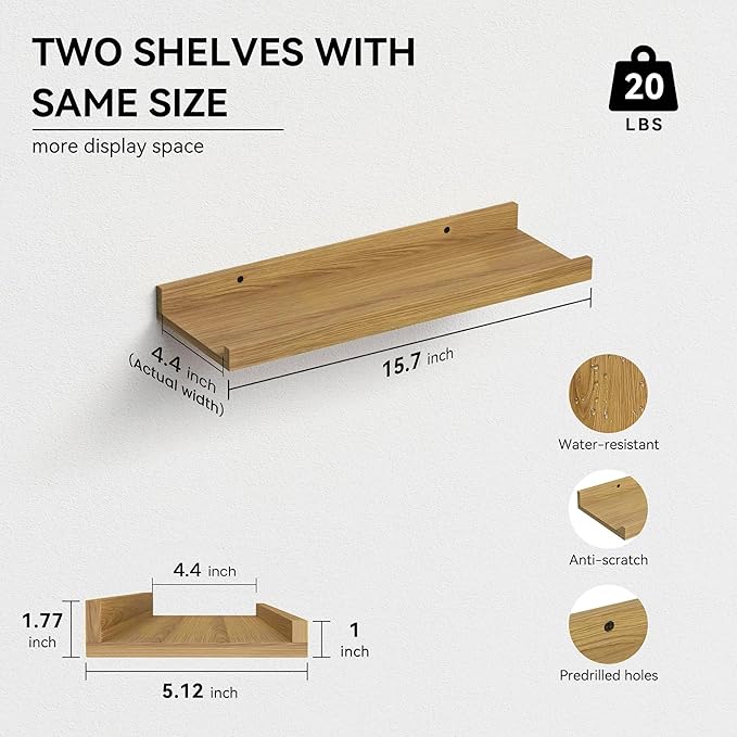 Floating Shelves Set of 2, Modern Wall Shelves with Lip, Display Picture Ledge for Bedroom, Living Room, Bathroom, Kitchen - Oak