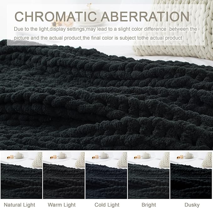 Chunky Knit Throw Blanket 50"X 60", 100% Handmade with Soft Chenille Yarn, 4.4lbs Thick Cable Knitted Blankets, Large Rope Knot Crochet Throws for Couch Sofa Bed Home Decor, Black
