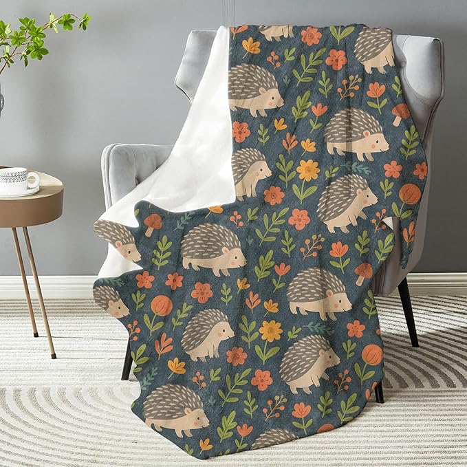 Cute Hedgehog & Floral Blanket - Plush, Soft, Comfy, Lightweight, Warm, Fuzzy, Cozy Flannel Throw Blanket for Couch, Travel, Bed, Office, Outdoor - 60in×80in